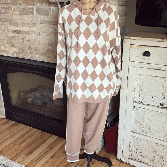 Favorite Girl knitted 2 piece khaki hooded sweater pocket harem pants w stripe - Picture 5 of 16